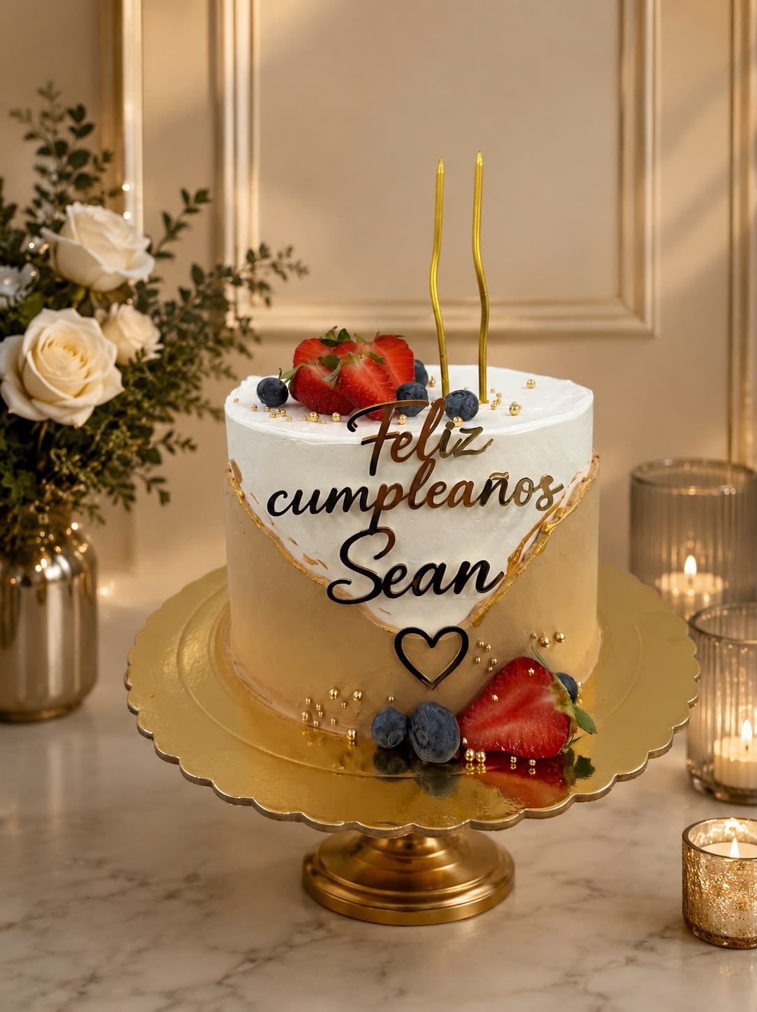 Cumpleaños blanco y dorado con frutos rojos
