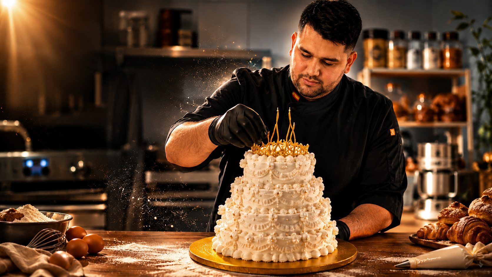 Maestro pastelero de La Dulzura decorando una tarta artesanalmente