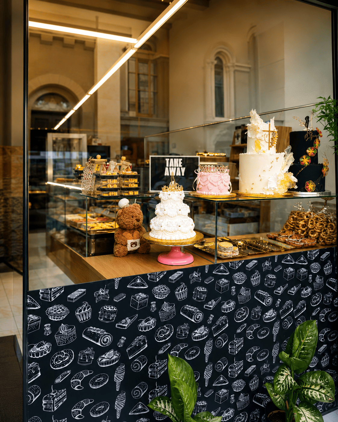 Vitrina de pastelería La Dulzura con tartas y postres artesanales