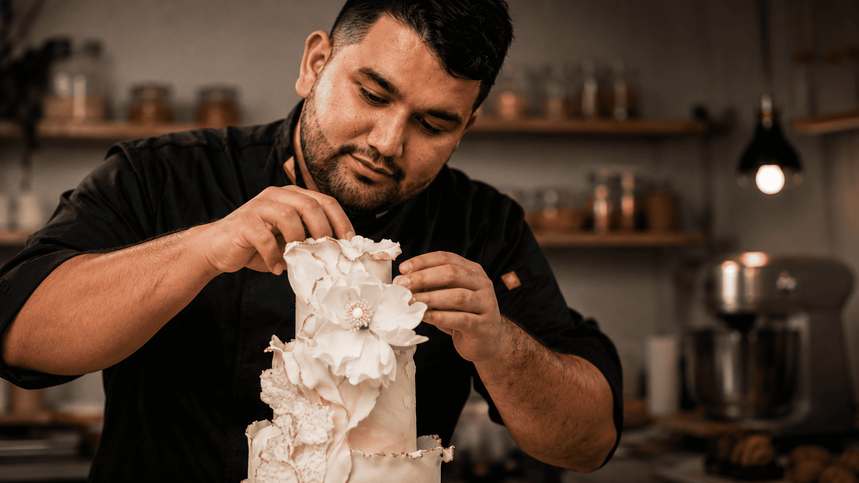 Maestro pastelero de La Dulzura decorando una tarta artesanal